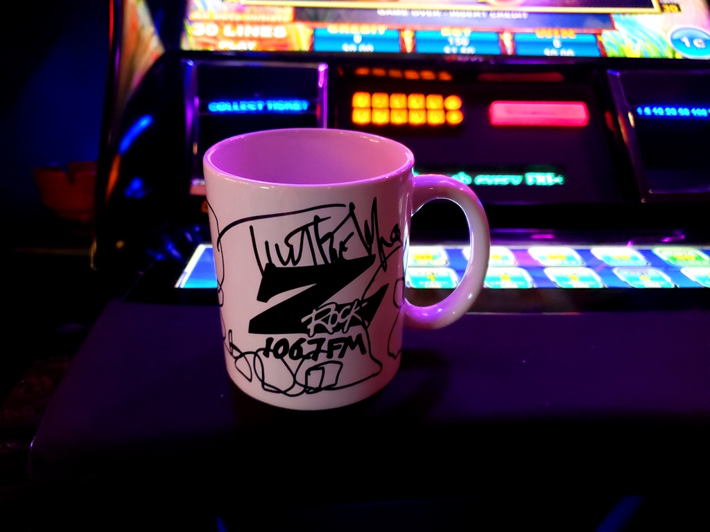World famous Z-Rock "Doodle" mug customized by Tim Buc Moore at The Corner Deli at Feather Falls Casino in Oroville California for Wake the Buc Up on 106.7 Z-Rock December 30th 2021