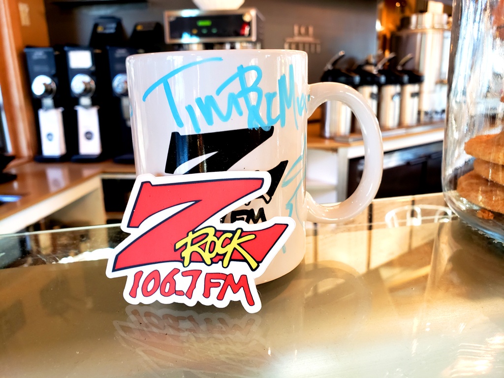 World famous Z-Rock "Doodle" mug customized by Tim Buc Moore at Bidwell Perk in Chico California for Wake the Buc Up on 106.7 Z-Rock February 24th 2022