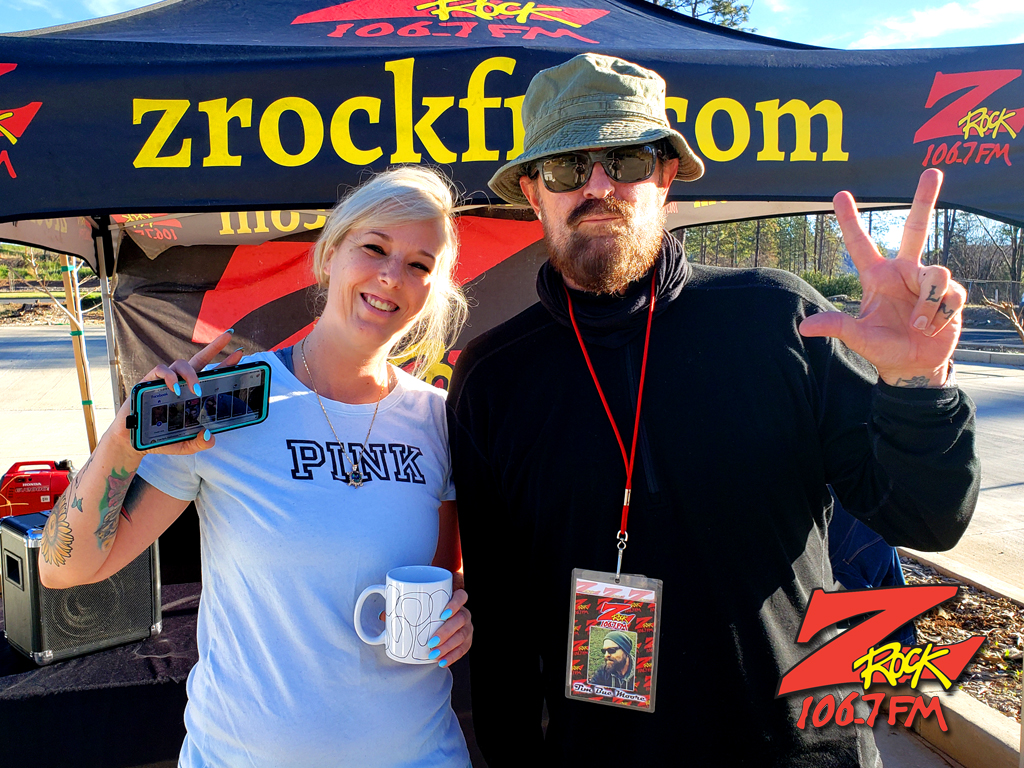Tim Buc Moore with a loyal Buc Head at Lynn's Coffee & Crepes in Paradise California for Wake the Buc Up on 106.7 Z-Rock February 10th 2022