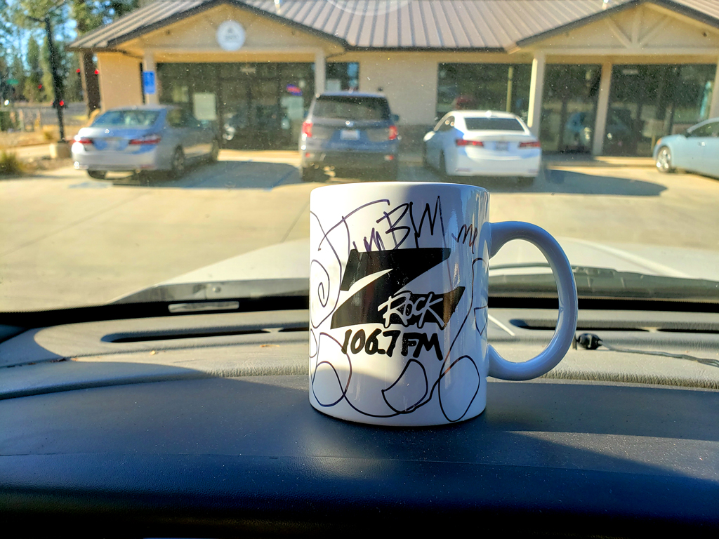 World famous Z-Rock "Doodle" mug customized by Tim Buc Moore at Lynn's Coffee & Crepes in Paradise California for Wake the Buc Up on 106.7 Z-Rock February 10th 2022