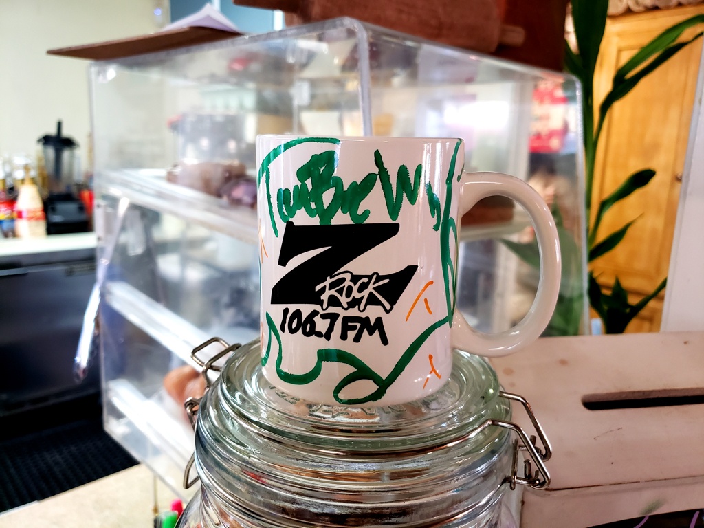 World famous Z-Rock "Doodle" mug customized by Tim Buc Moore at Lots 'A Java in Oroville California for Wake the Buc Up on 106.7 Z-Rock February 3rdh 2022
