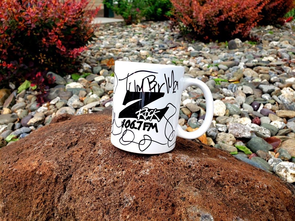World famous Z-Rock "Doodle" mug customized by Tim Buc Moore at Chico Creek Coffeein Chico California for Wake the Buc Up on 106.7 Z-Rock April 14th 2022