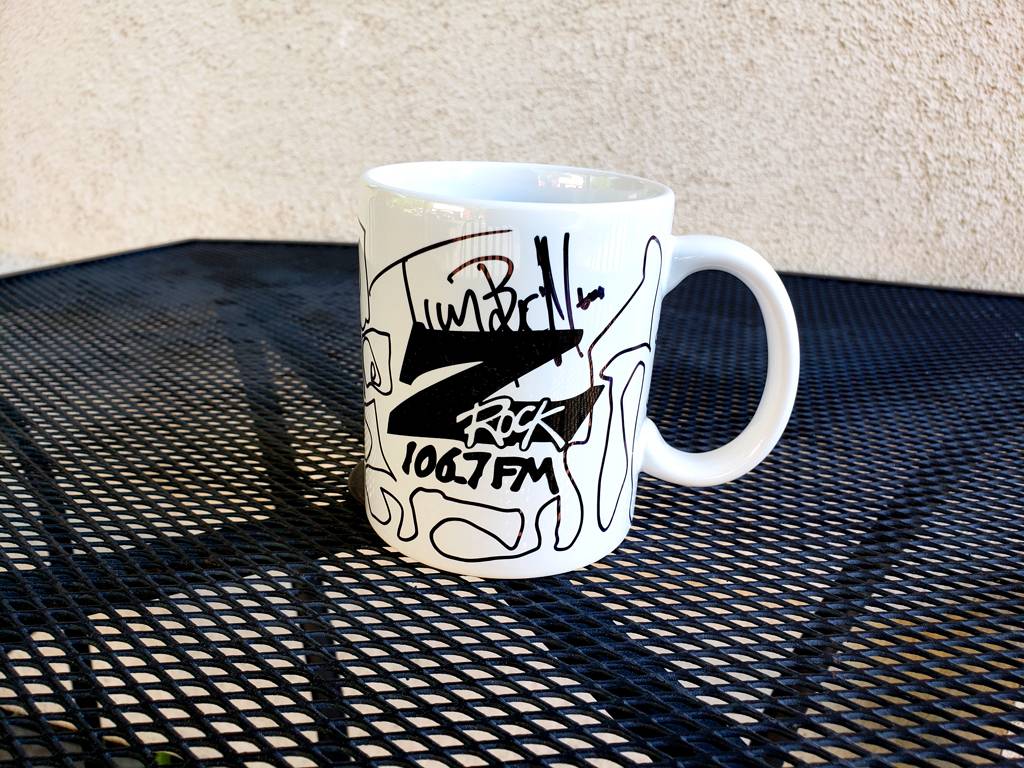 World famous Z-Rock "Doodle" mug customized by Tim Buc Moore at The Grateful Bean in Chico California for Wake the Buc Up on 106.7 Z-Rock April 28th 2022