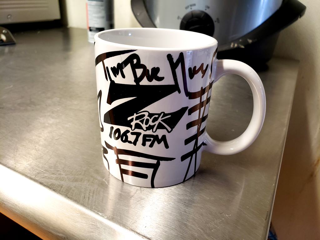 World famous Z-Rock "Doodle" mug customized by Tim Buc Moore at Olson House Coffee in Oroville California for Wake the Buc Up on 106.7 Z-Rock June 23rd 2022