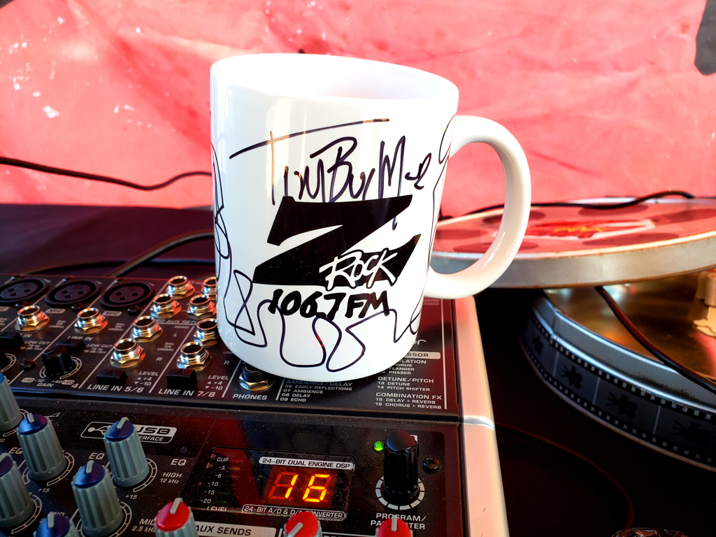 World famous Z-Rock "Doodle" mug customized by Tim Buc Moore at Debbie's Restaurant in Paradise California for Wake the Buc Up on 106.7 Z-Rock June 9th 2022