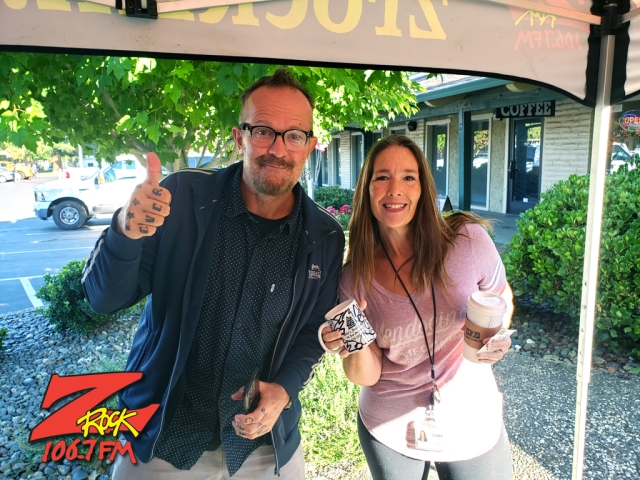 Tim Buc Moore with a loyal Buc Head at Chico Creek Coffee in Chico California for Wake the Buc Up on 106.7 Z-Rock June 30th 2022