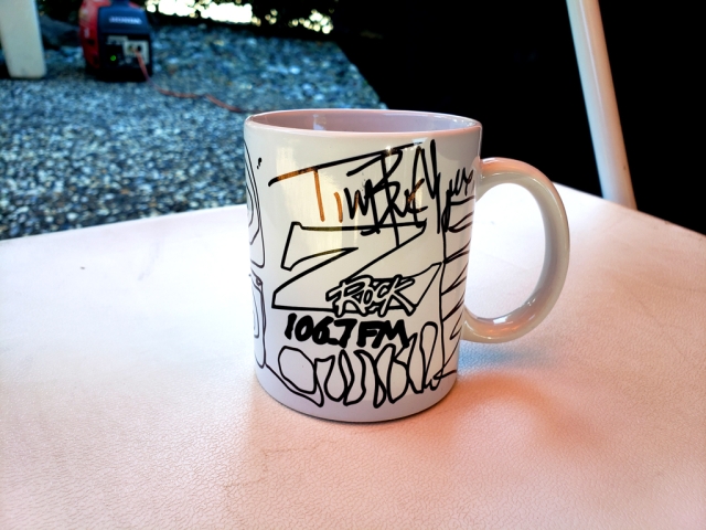 World famous Z-Rock "Doodle" mug customized by Tim Buc Moore at Chico Creek Coffee in Chico California for Wake the Buc Up on 106.7 Z-Rock June 30th 2022