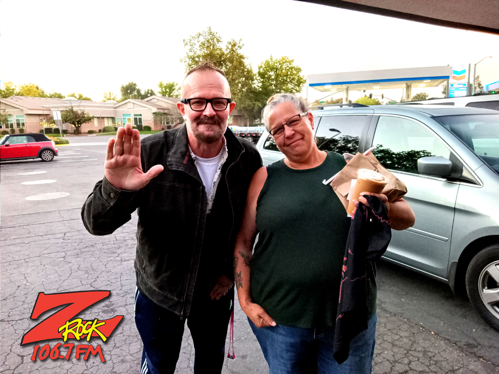 Tim Buc Moore with a loyal Buc Head at Fresh Twisted Cafe in Chico California for Wake the Buc Up on 106.7 Z-Rock October 6th 2022