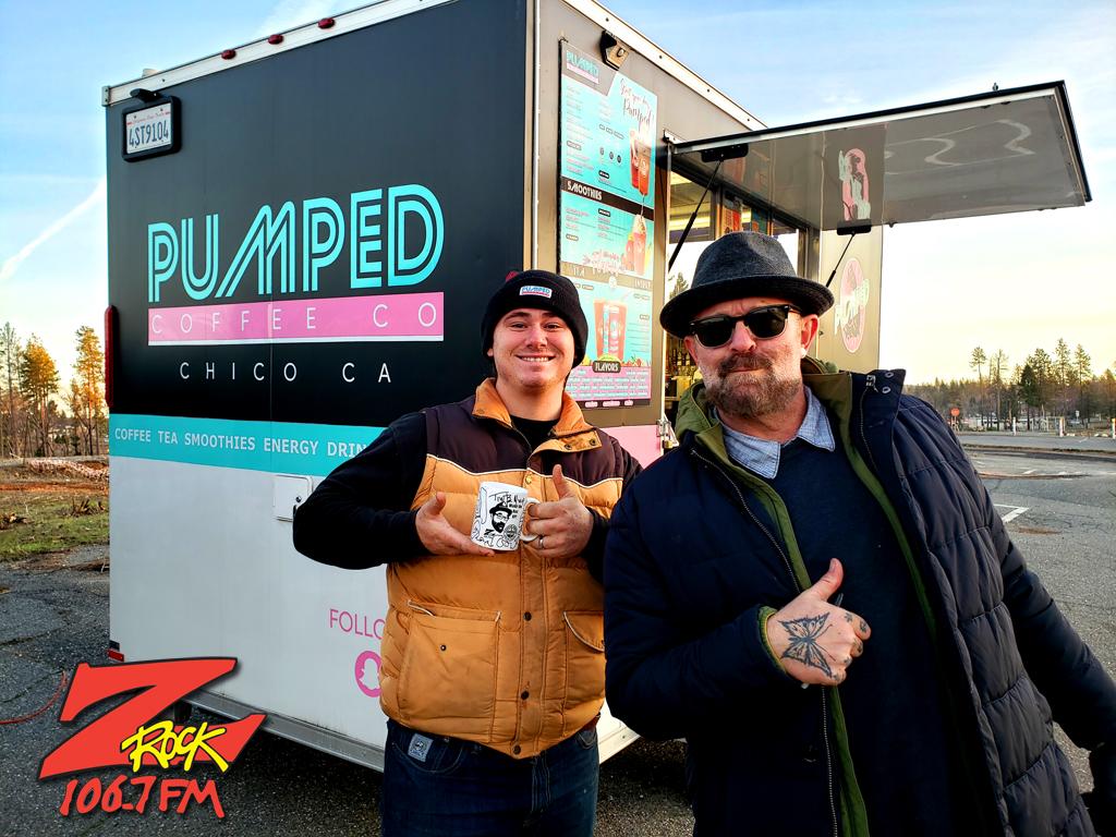 Tim Buc Moore with a loyal Buc Head at Pumped Coffee in Paradise California for Wake the Buc Up on 106.7 Z-Rock February 2nd 2023