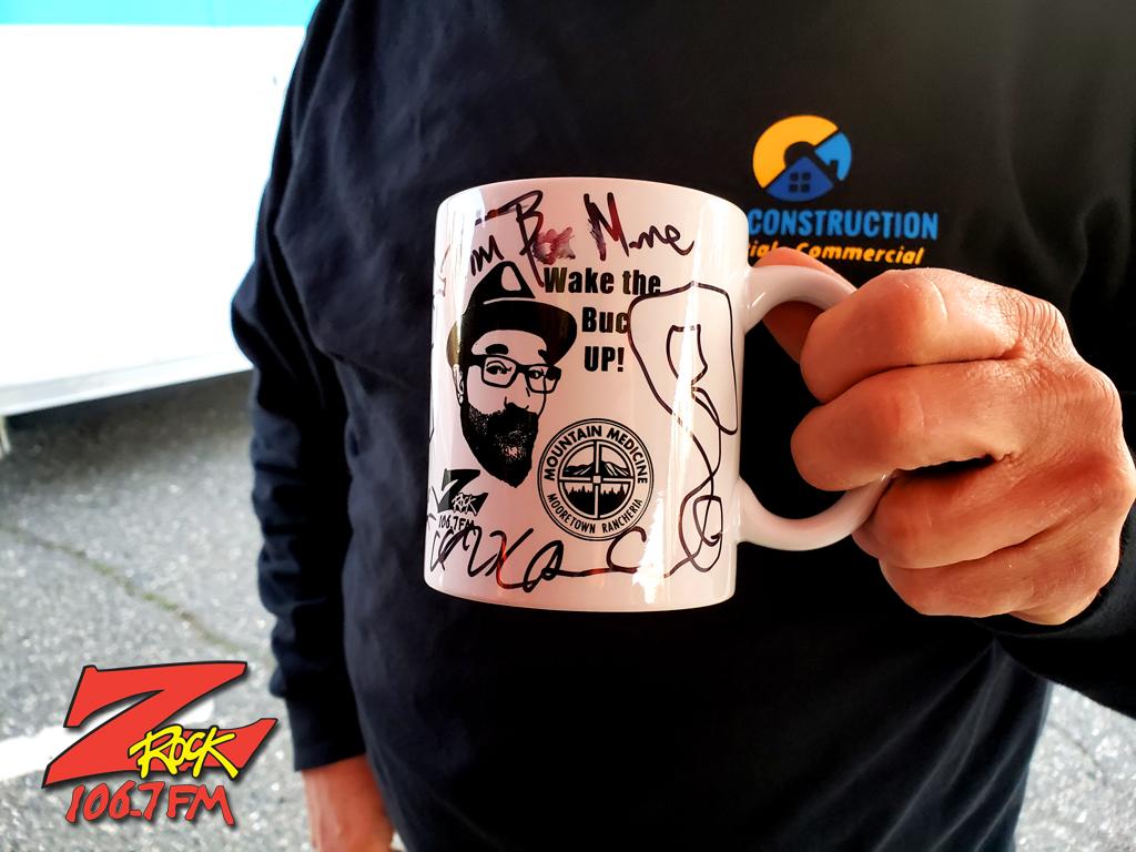 World famous "doodle" mug customized by Tim Buc Moore at Pumped Coffee in Paradise California for Wake the Buc Up on 106.7 Z-Rock February 2nd 2023