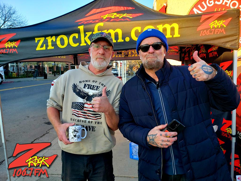 Tim Buc Moore with a loyal Buc Head at Mug Shots Coffee House in Oroville California for Wake the Buc Up on 106.7 Z-Rock February 9th 2023