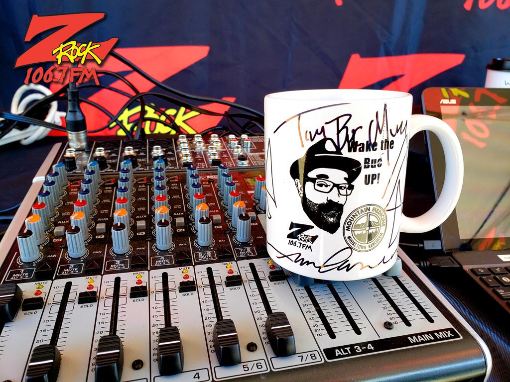 World famous Z-Rock "Doodle Mug" customized by Tim Buc Moore at Mug Shots Coffee House in Oroville California for Wake the Buc Up on 106.7 Z-Rock February 9th 2023